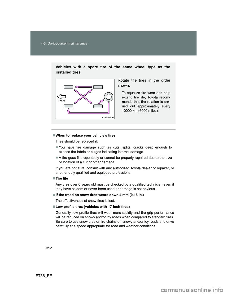 TOYOTA GT86 2013 Owners Manual (in English) 312 4-3. Do-it-yourself maintenance
FT86_EE
When to replace your vehicle’s tires
Tires should be replaced if:
You have tire damage such as cuts, splits, cracks deep enough to
expose the fabric TOYOTA GT86 2013 Owners Manual (in English) 312 4-3. Do-it-yourself maintenance
FT86_EE
When to replace your vehicle’s tires
Tires should be replaced if:
You have tire damage such as cuts, splits, cracks deep enough to
expose the fabric