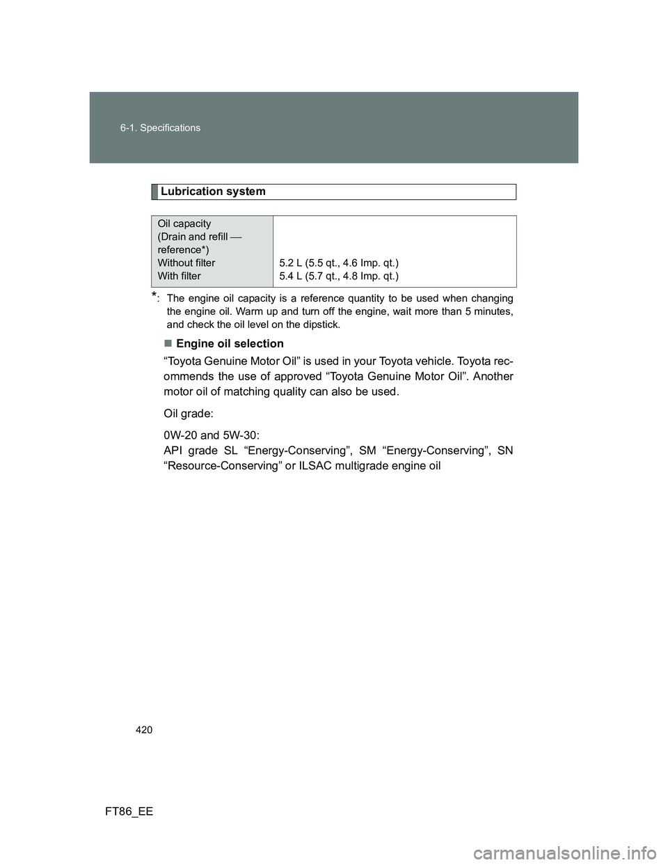 TOYOTA GT86 2013  Owners Manual (in English) 420 6-1. Specifications
FT86_EE
Lubrication system
*: The engine oil capacity is a reference quantity to be used when changing
the engine oil. Warm up and turn off the engine, wait more than 5 minutes