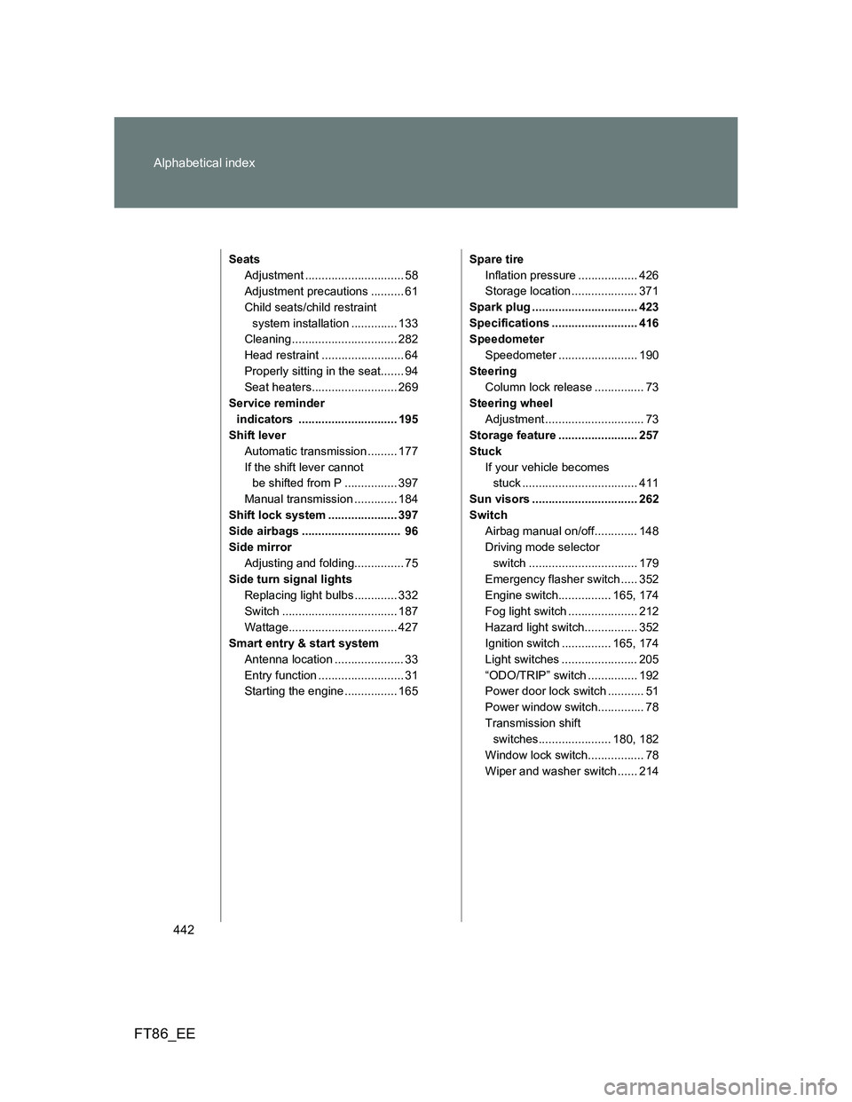TOYOTA GT86 2013  Owners Manual (in English) 442 Alphabetical index
FT86_EE
Seats
Adjustment .............................. 58
Adjustment precautions .......... 61
Child seats/child restraint 
system installation .............. 133
Cleaning ....