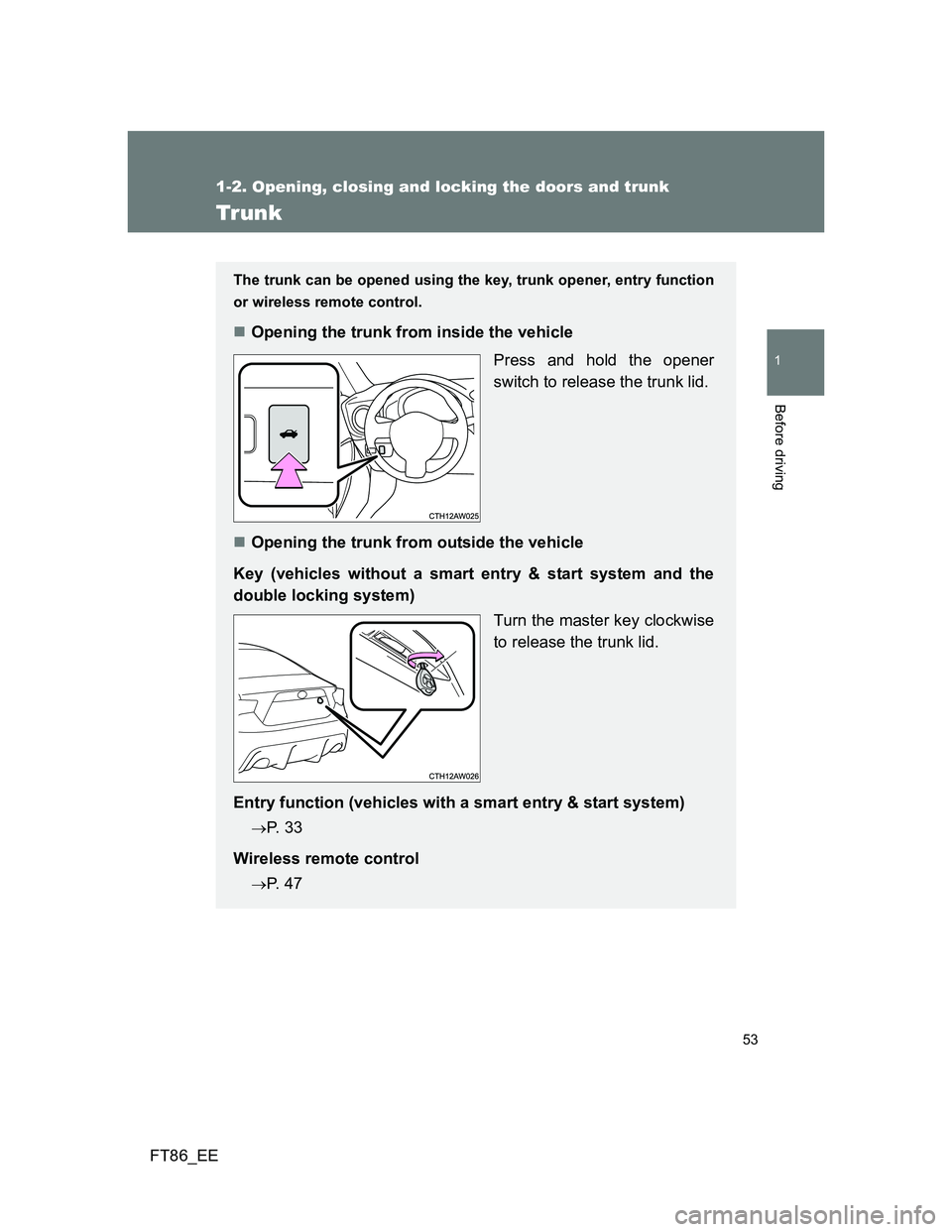 TOYOTA GT86 2013   (in English) Workshop Manual 53
1
1-2. Opening, closing and locking the doors and trunk
Before driving
FT86_EE
Trunk
The trunk can be opened using the key, trunk opener, entry function
or wireless remote control. 
Opening the 