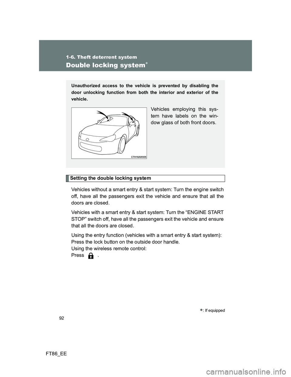 TOYOTA GT86 2013 Owners Manual (in English) 92
1-6. Theft deterrent system
FT86_EE
Double locking system
Setting the double locking system
Vehicles without a smart entry & start system: Turn the engine switch
off, have all the passengers exi TOYOTA GT86 2013 Owners Manual (in English) 92
1-6. Theft deterrent system
FT86_EE
Double locking system
Setting the double locking system
Vehicles without a smart entry & start system: Turn the engine switch
off, have all the passengers exi