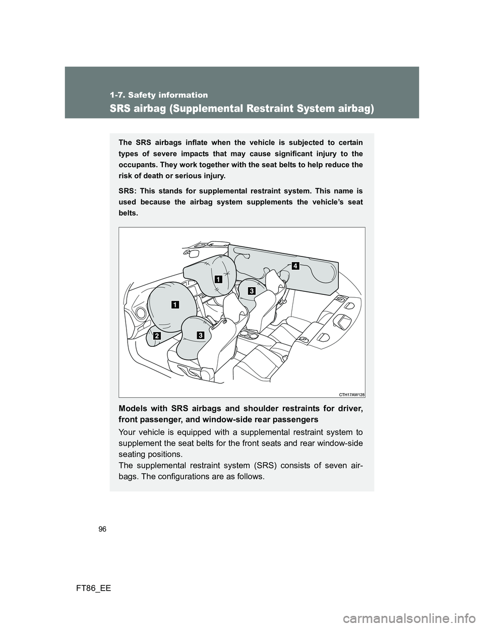 TOYOTA GT86 2013 Owners Manual (in English) 96
1-7. Safety information
FT86_EE
SRS airbag (Supplemental Restraint System airbag)
The SRS airbags inflate when the vehicle is subjected to certain
types of severe impacts that may cause significant TOYOTA GT86 2013 Owners Manual (in English) 96
1-7. Safety information
FT86_EE
SRS airbag (Supplemental Restraint System airbag)
The SRS airbags inflate when the vehicle is subjected to certain
types of severe impacts that may cause significant
