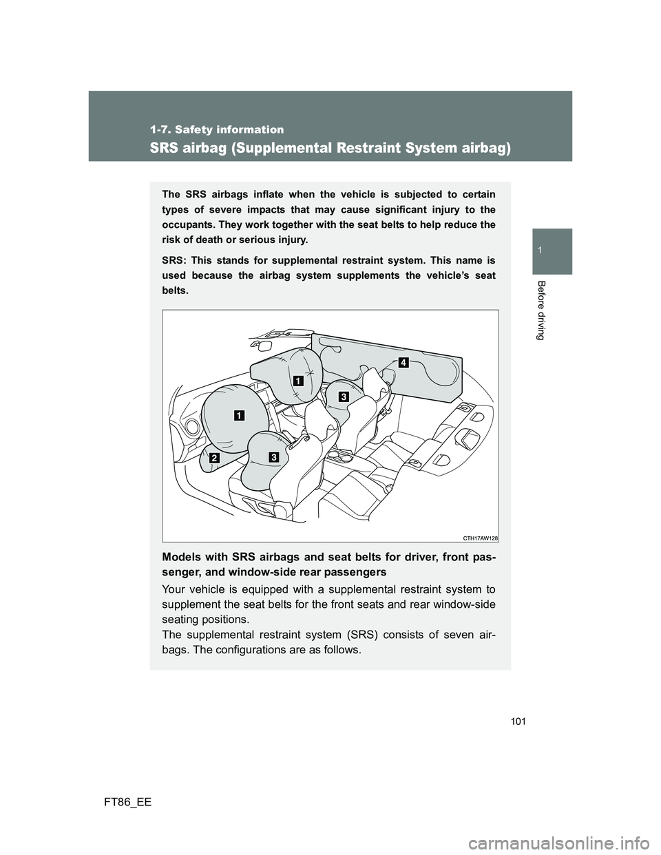 TOYOTA GT86 2014 Owners Manual (in English) 101
1
1-7. Safety information
Before driving
FT86_EE
SRS airbag (Supplemental Restraint System airbag)
The SRS airbags inflate when the vehicle is subjected to certain
types of severe impacts that may TOYOTA GT86 2014 Owners Manual (in English) 101
1
1-7. Safety information
Before driving
FT86_EE
SRS airbag (Supplemental Restraint System airbag)
The SRS airbags inflate when the vehicle is subjected to certain
types of severe impacts that may