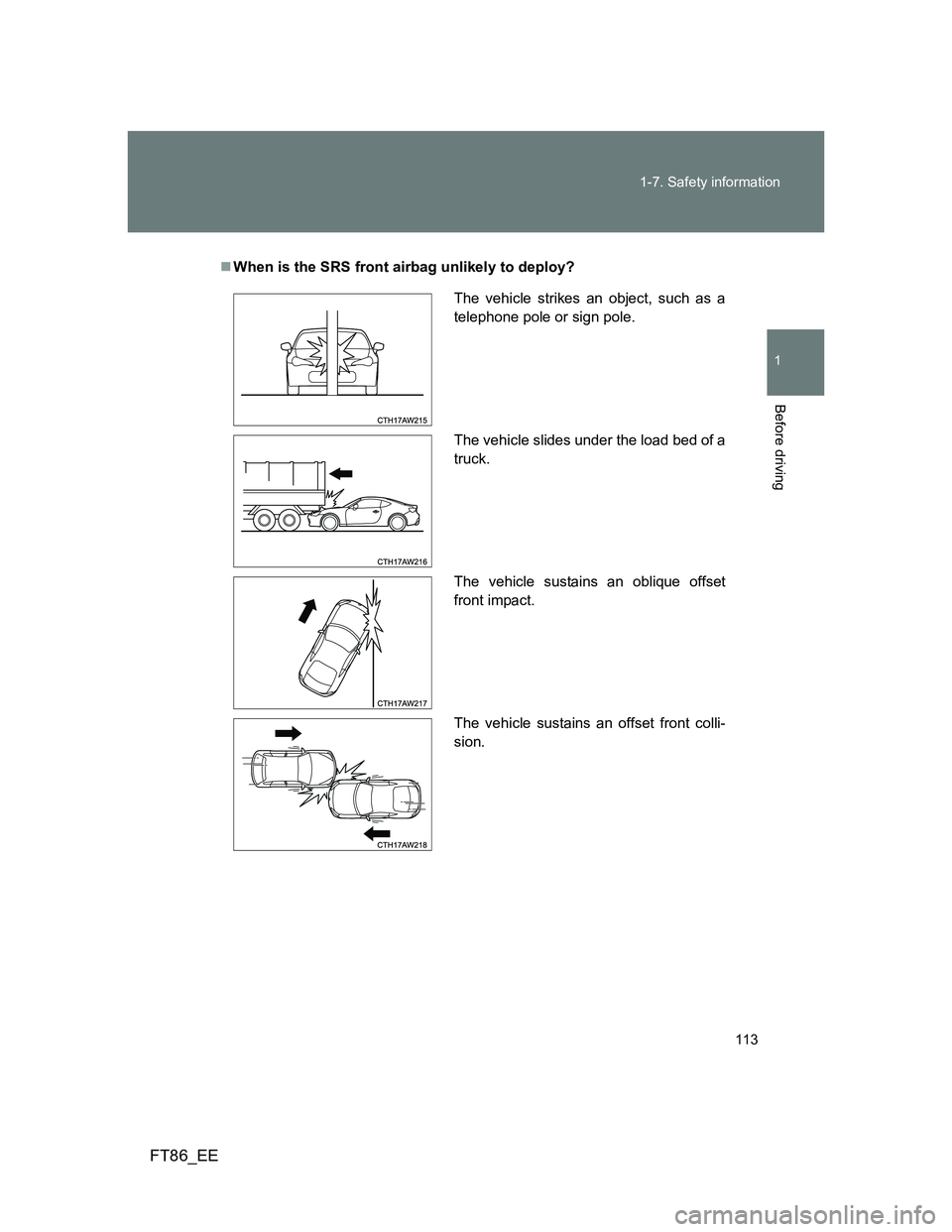 TOYOTA GT86 2014 Owners Manual (in English) 113 1-7. Safety information
1
Before driving
FT86_EE
When is the SRS front airbag unlikely to deploy?
The vehicle strikes an object, such as a
telephone pole or sign pole.
The vehicle slides under TOYOTA GT86 2014 Owners Manual (in English) 113 1-7. Safety information
1
Before driving
FT86_EE
When is the SRS front airbag unlikely to deploy?
The vehicle strikes an object, such as a
telephone pole or sign pole.
The vehicle slides under