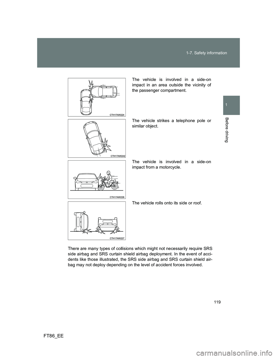 TOYOTA GT86 2014 Owners Manual (in English) 119 1-7. Safety information
1
Before driving
FT86_EE
There are many types of collisions which might not necessarily require SRS
side airbag and SRS curtain shield airbag deployment. In the event of ac TOYOTA GT86 2014 Owners Manual (in English) 119 1-7. Safety information
1
Before driving
FT86_EE
There are many types of collisions which might not necessarily require SRS
side airbag and SRS curtain shield airbag deployment. In the event of ac