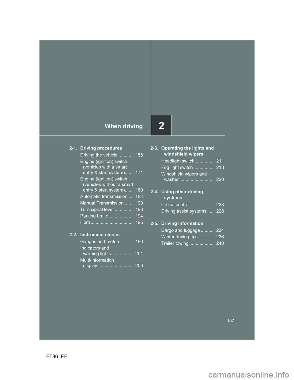 TOYOTA GT86 2014 Owners Manual (in English) 2When driving
157
FT86_EE
2-1. Driving procedures
Driving the vehicle ............ 158
Engine (ignition) switch
(vehicles with a smart
entry & start system)....... 171
Engine (ignition) switch
(v TOYOTA GT86 2014 Owners Manual (in English) 2When driving
157
FT86_EE
2-1. Driving procedures
Driving the vehicle ............ 158
Engine (ignition) switch
(vehicles with a smart
entry & start system)....... 171
Engine (ignition) switch
(v