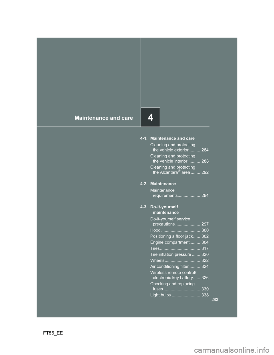 TOYOTA GT86 2014  Owners Manual (in English) 4Maintenance and care
283
FT86_EE
4-1. Maintenance and care
Cleaning and protecting 
the vehicle exterior .........  284
Cleaning and protecting 
the vehicle interior ..........  288
Cleaning and prot