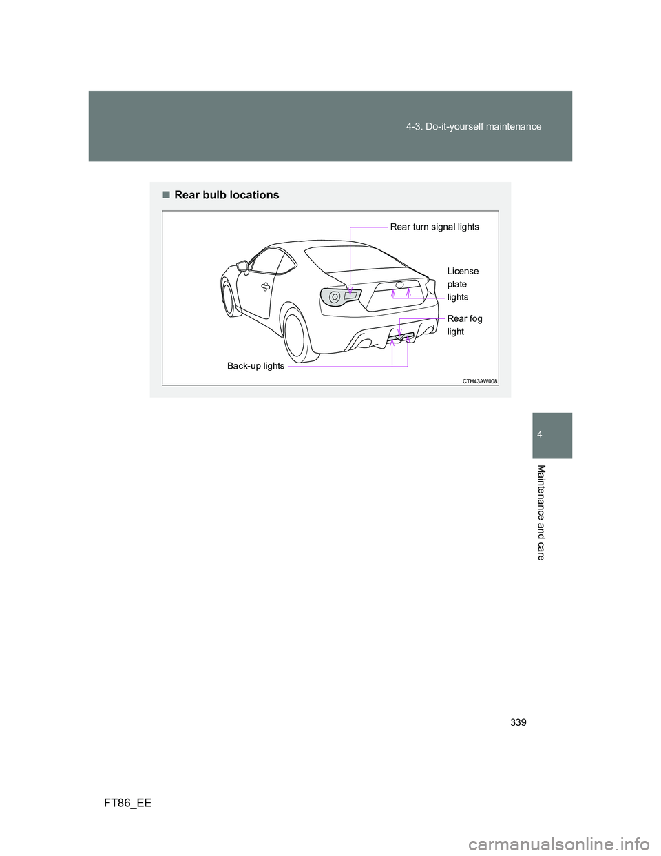 TOYOTA GT86 2014  Owners Manual (in English) 339 4-3. Do-it-yourself maintenance
4
Maintenance and care
FT86_EE
Rear bulb locations
Rear turn signal lights
Back-up lightsLicense
plate
lights
Rear fog 
light 