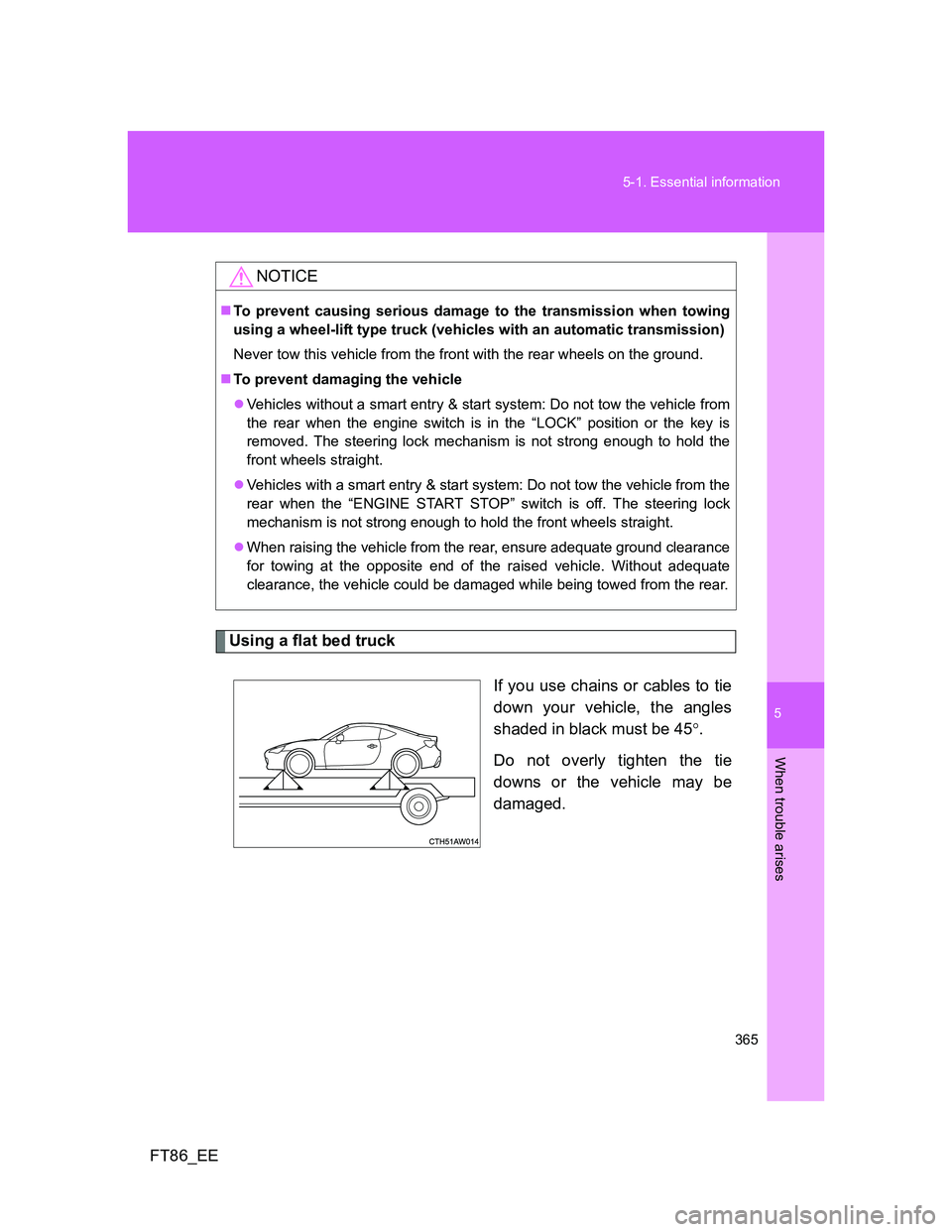 TOYOTA GT86 2014 Owners Manual (in English) 5
365 5-1. Essential information
When trouble arises
FT86_EE
Using a flat bed truck
If you use chains or cables to tie
down your vehicle, the angles
shaded in black must be 45.
Do not overly tighte TOYOTA GT86 2014 Owners Manual (in English) 5
365 5-1. Essential information
When trouble arises
FT86_EE
Using a flat bed truck
If you use chains or cables to tie
down your vehicle, the angles
shaded in black must be 45.
Do not overly tighte