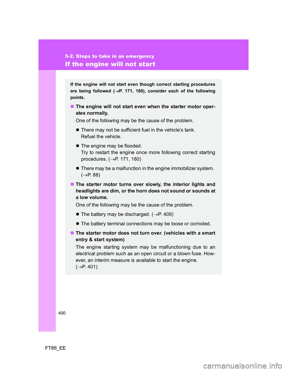 TOYOTA GT86 2014 Owners Manual (in English) 400
5-2. Steps to take in an emergency
FT86_EE
If the engine will not start
If the engine will not start even though correct starting procedures
are being followed (P. 171, 180), consider each of t TOYOTA GT86 2014 Owners Manual (in English) 400
5-2. Steps to take in an emergency
FT86_EE
If the engine will not start
If the engine will not start even though correct starting procedures
are being followed (P. 171, 180), consider each of t