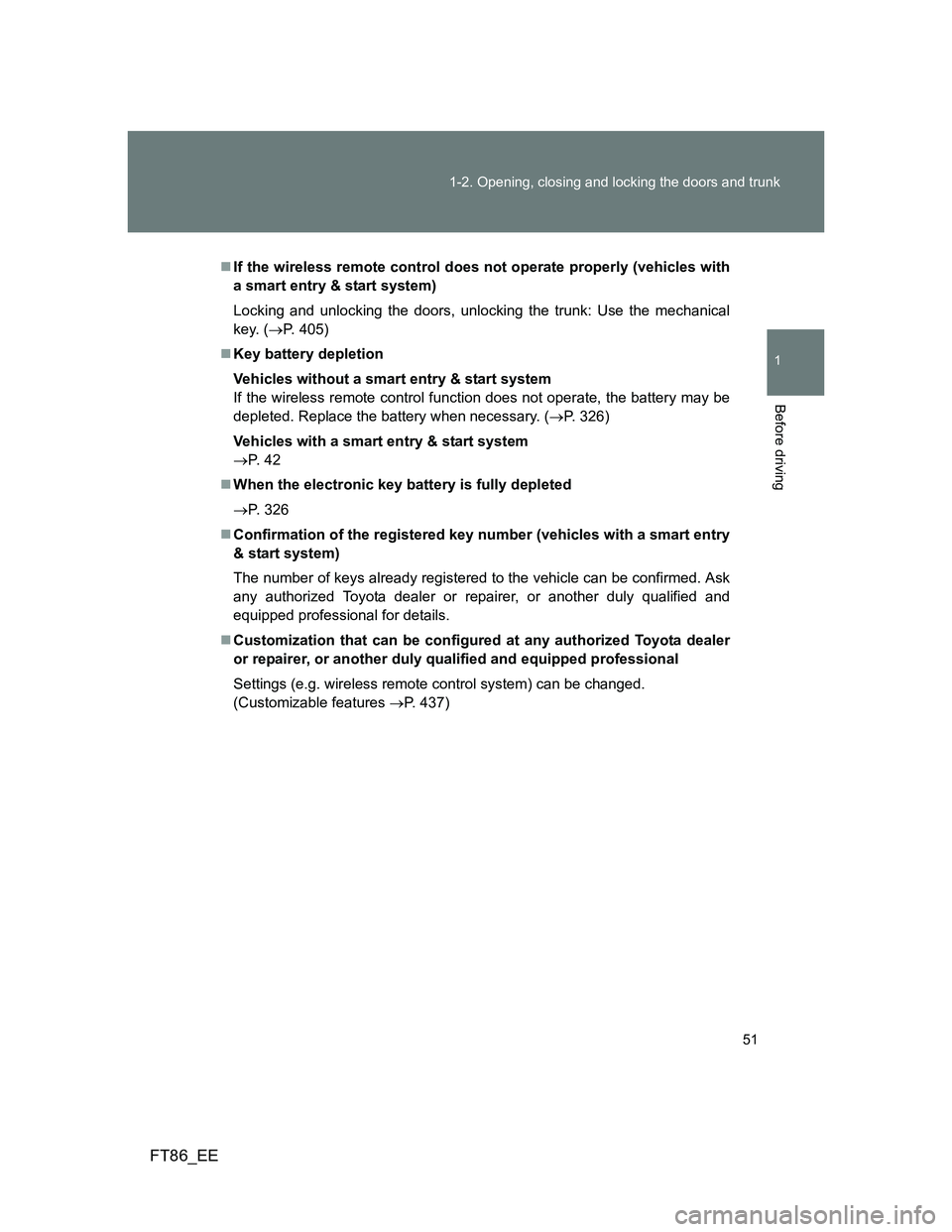 TOYOTA GT86 2014 (in English) Workshop Manual 51 1-2. Opening, closing and locking the doors and trunk
1
Before driving
FT86_EE
If the wireless remote control does not operate properly (vehicles with
a smart entry & start system)
Locking and u TOYOTA GT86 2014 (in English) Workshop Manual 51 1-2. Opening, closing and locking the doors and trunk
1
Before driving
FT86_EE
If the wireless remote control does not operate properly (vehicles with
a smart entry & start system)
Locking and u