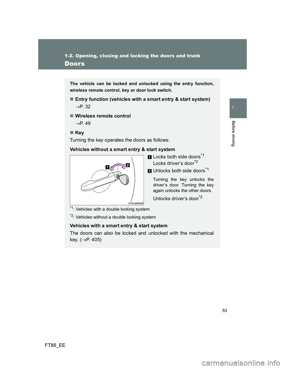 TOYOTA GT86 2014 (in English) Workshop Manual 53
1
1-2. Opening, closing and locking the doors and trunk
Before driving
FT86_EE
Doors
The vehicle can be locked and unlocked using the entry function,
wireless remote control, key or door lock switc TOYOTA GT86 2014 (in English) Workshop Manual 53
1
1-2. Opening, closing and locking the doors and trunk
Before driving
FT86_EE
Doors
The vehicle can be locked and unlocked using the entry function,
wireless remote control, key or door lock switc