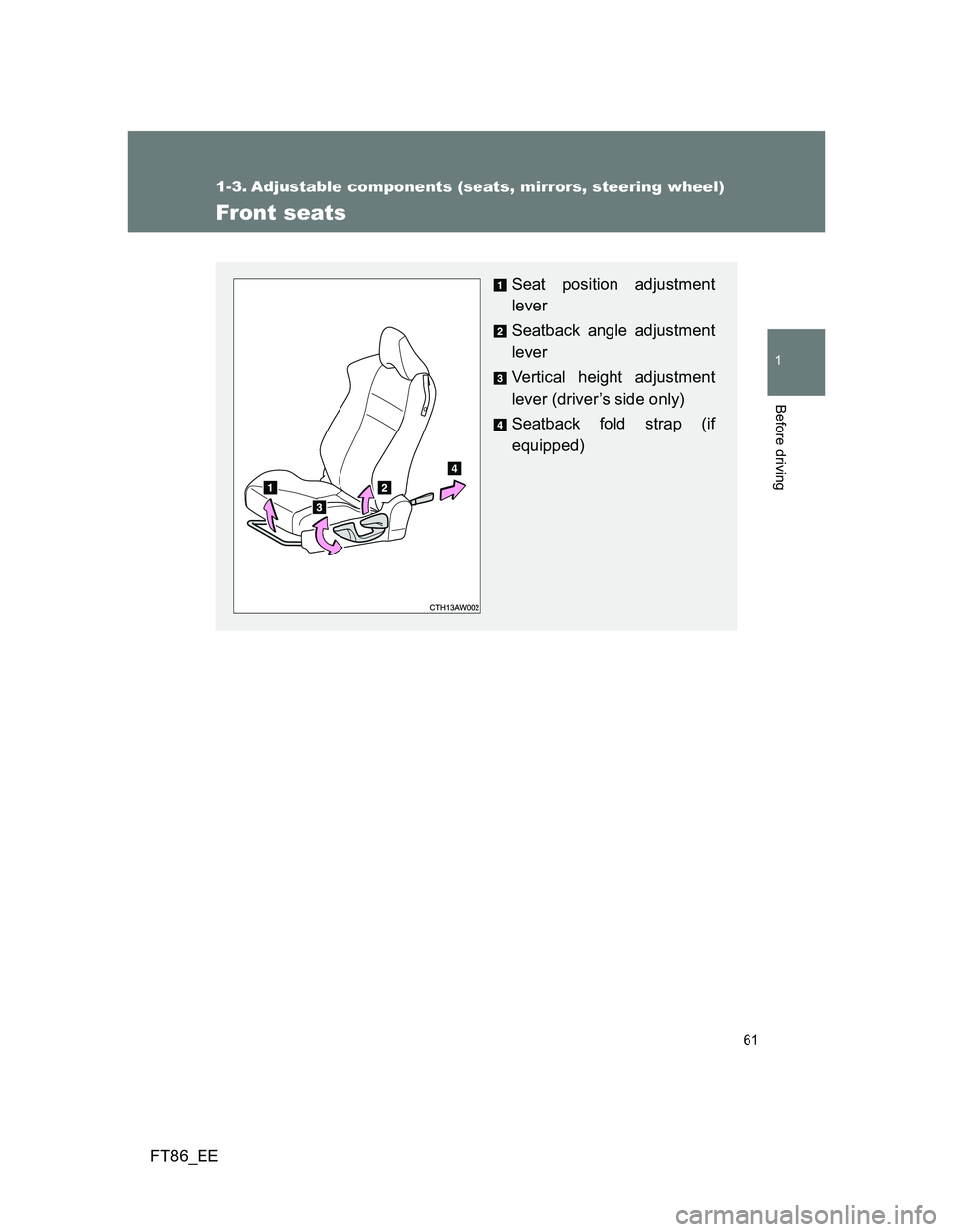 TOYOTA GT86 2014 (in English) Repair Manual 61
1
Before driving
FT86_EE
1-3. Adjustable components (seats, mirrors, steering wheel)
Front seats
Seat position adjustment
lever
Seatback angle adjustment
lever
Vertical height adjustment
lever (dri TOYOTA GT86 2014 (in English) Repair Manual 61
1
Before driving
FT86_EE
1-3. Adjustable components (seats, mirrors, steering wheel)
Front seats
Seat position adjustment
lever
Seatback angle adjustment
lever
Vertical height adjustment
lever (dri