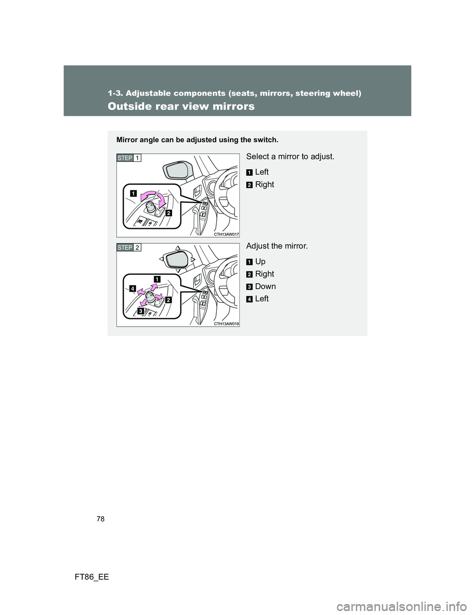 TOYOTA GT86 2014   (in English) Manual PDF 78
1-3. Adjustable components (seats, mirrors, steering wheel)
FT86_EE
Outside rear view mirrors
Mirror angle can be adjusted using the switch.
Select a mirror to adjust.
Left
Right
Adjust the mirror.