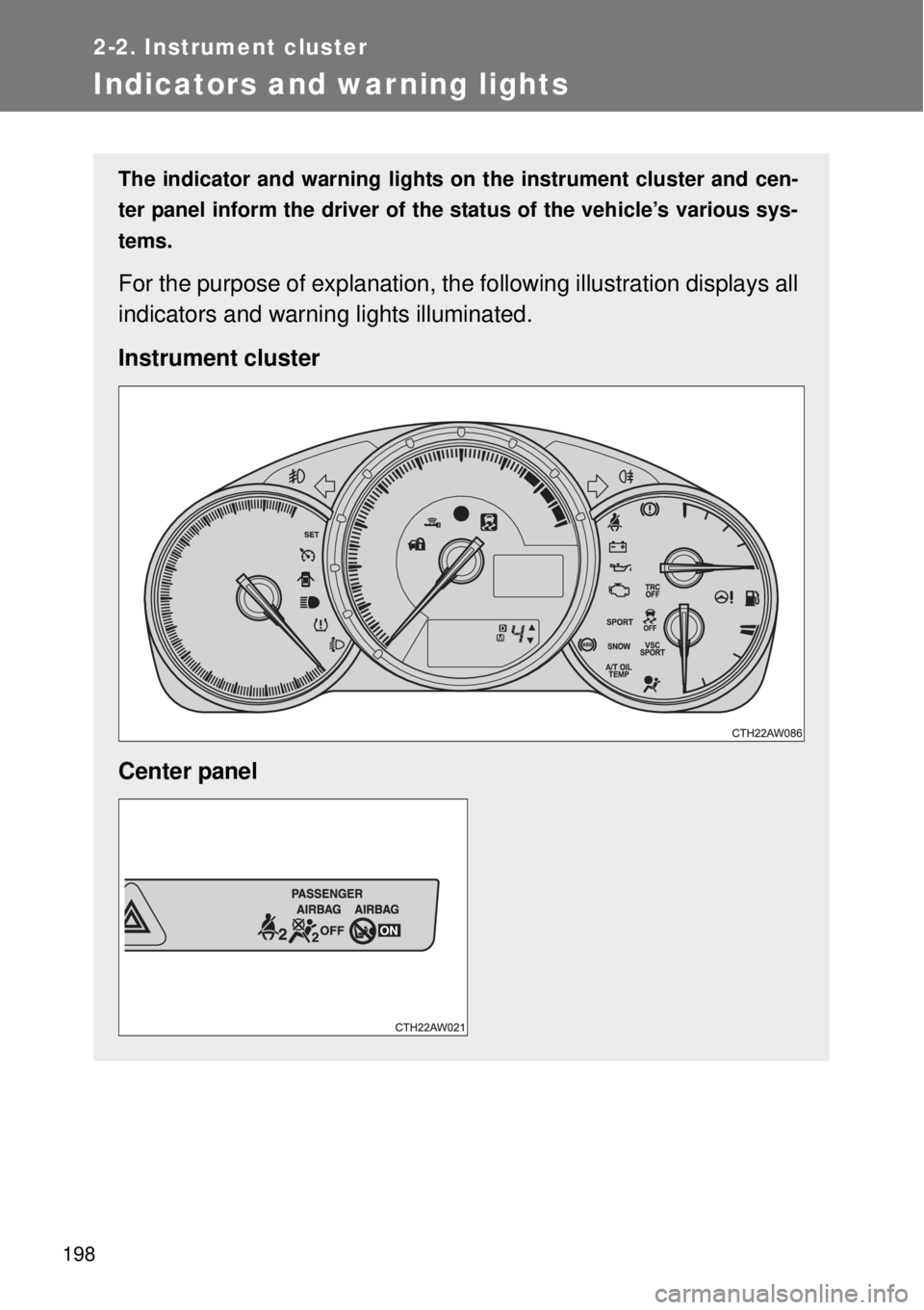 TOYOTA GT86 2015  Owners Manual (in English) 198
2-2. Instrument cluster
Indicators and warning lights
The indicator and warning lights on the instrument cluster and cen-
ter panel inform the driver of the status of the vehicle’s various sys-
