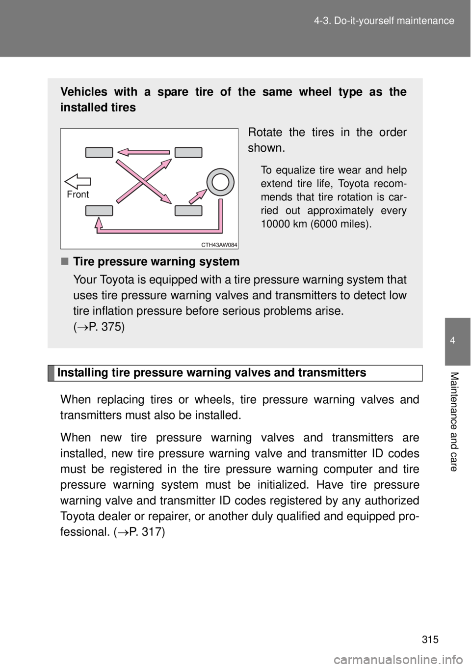 TOYOTA GT86 2015 Owners Manual (in English) 315 4-3. Do-it-yourself maintenance
4
Maintenance and careInstalling tire pressure warning valves and transmitters
When replacing tires or wheels, tire pressure warning valves and
transmitters must al TOYOTA GT86 2015 Owners Manual (in English) 315 4-3. Do-it-yourself maintenance
4
Maintenance and careInstalling tire pressure warning valves and transmitters
When replacing tires or wheels, tire pressure warning valves and
transmitters must al