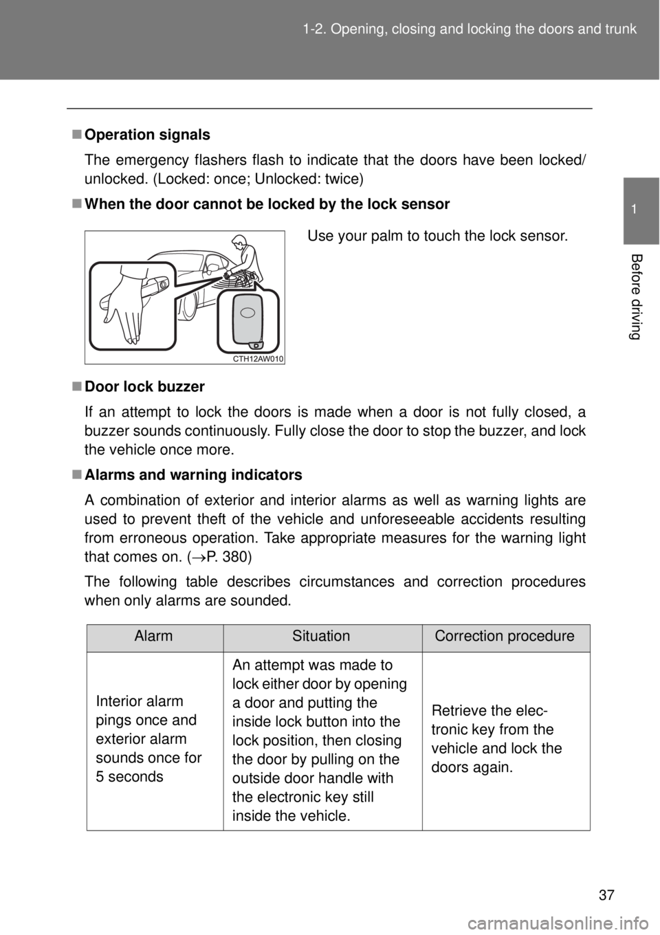 TOYOTA GT86 2015  Owners Manual (in English) 37 1-2. Opening, closing and locking the doors and trunk
1
Before driving
Operation signals
The emergency flashers flash to indicate that the doors have been locked/
unlocked. (Locked: once; Unlock