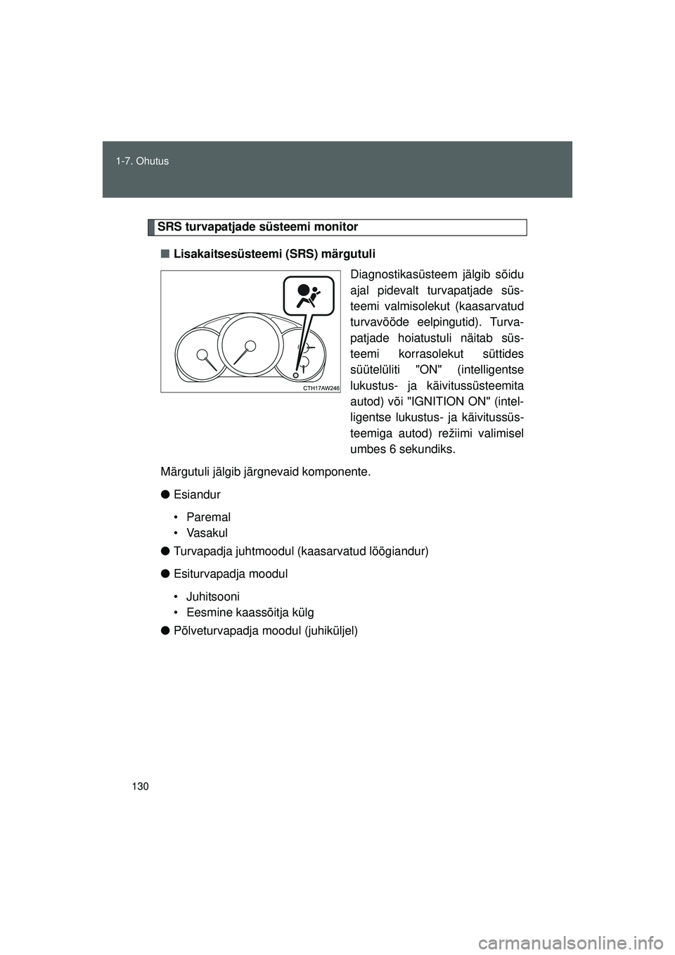 TOYOTA GT86 2015  Kasutusjuhend (in Estonian) 
130
1-7. Ohutus
GT86_EE
SRS turvapatjade süsteemi monitor
■ Lisakaitsesüsteemi (SRS) märgutuli
Diagnostikasüsteem jälgib sõidu
ajal pidevalt turvapatjade süs-
teemi valmisolekut (kaasarvatud