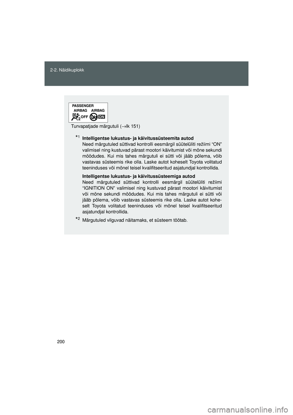 TOYOTA GT86 2015 Kasutusjuhend (in Estonian)
200
2-2. Näidikuplokk
GT86_EE
*1Intelligentse lukustus- ja
käivitussüsteemita autod
Need märgutuled süttivad kontrolli eesmärgil süütelüliti režiimi “ON”
valimisel ning kustuvad pära TOYOTA GT86 2015 Kasutusjuhend (in Estonian)
200
2-2. Näidikuplokk
GT86_EE
*1Intelligentse lukustus- ja
käivitussüsteemita autod
Need märgutuled süttivad kontrolli eesmärgil süütelüliti režiimi “ON”
valimisel ning kustuvad pära