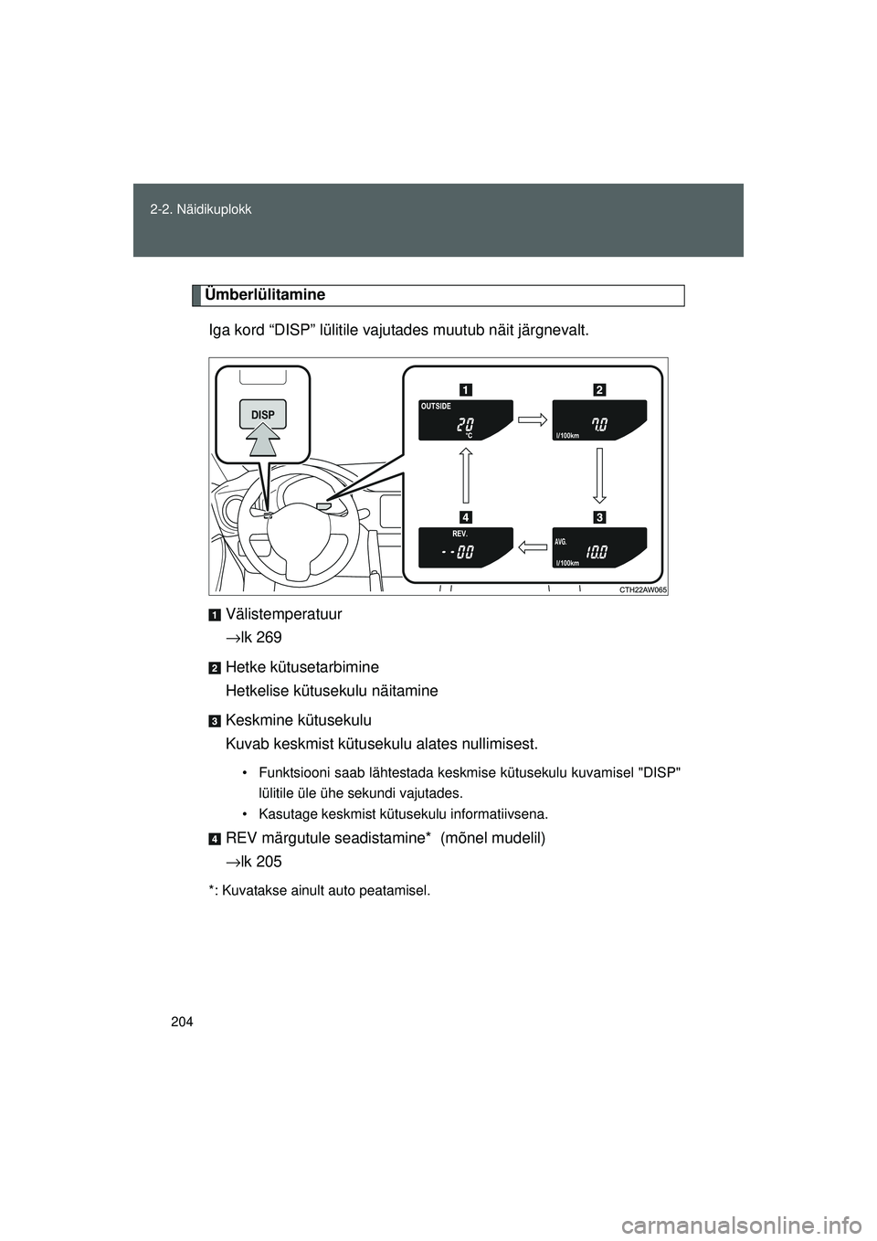 TOYOTA GT86 2015 Kasutusjuhend (in Estonian)
204
2-2. Näidikuplokk
GT86_EE
Ümberlülitamine
Iga kord “DISP” lü litile vajutades muut ub näit järgnevalt.
Välistemperatuur
→ lk 269
Hetke kütusetarbimine
Hetkelise kütusekulu näitami TOYOTA GT86 2015 Kasutusjuhend (in Estonian)
204
2-2. Näidikuplokk
GT86_EE
Ümberlülitamine
Iga kord “DISP” lü litile vajutades muut ub näit järgnevalt.
Välistemperatuur
→ lk 269
Hetke kütusetarbimine
Hetkelise kütusekulu näitami