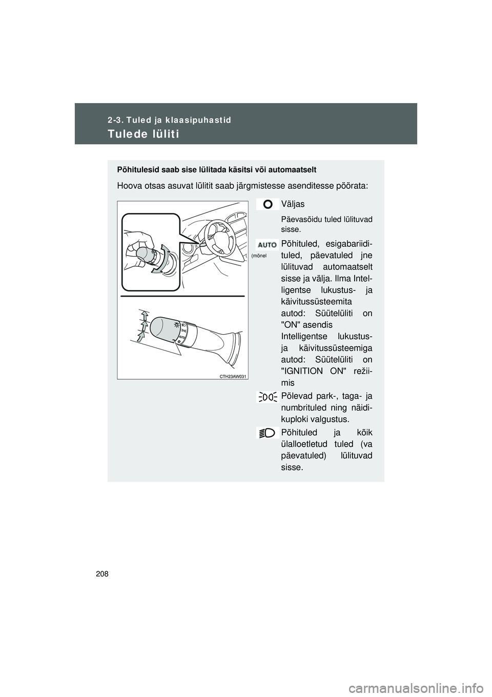TOYOTA GT86 2015 Kasutusjuhend (in Estonian)
208
GT86_EE
2-3. Tuled ja klaasipuhastid
Tulede lüliti
Põhitulesid saab sise lülitada käsitsi või automaatselt
Hoova otsas asuvat lülitit saab järgmistesse asenditesse pöörata:Väljas
Päeva TOYOTA GT86 2015 Kasutusjuhend (in Estonian)
208
GT86_EE
2-3. Tuled ja klaasipuhastid
Tulede lüliti
Põhitulesid saab sise lülitada käsitsi või automaatselt
Hoova otsas asuvat lülitit saab järgmistesse asenditesse pöörata:Väljas
Päeva