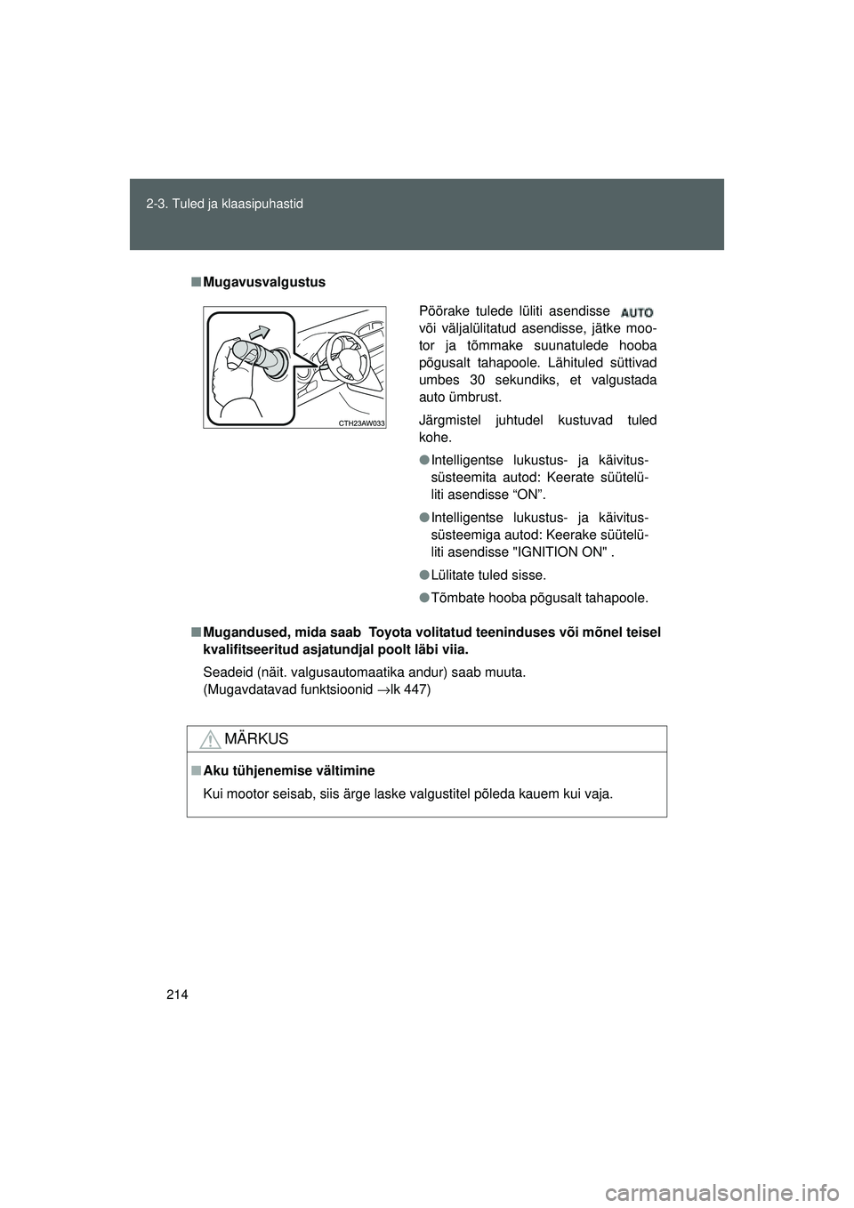 TOYOTA GT86 2015 Kasutusjuhend (in Estonian)
214
2-3. Tuled ja klaasipuhastid
GT86_EE
■
Mugavusvalgustus
■ Mugandused, mida saab Toyota volitatud teeninduses või mõnel teisel
kvalifitseeritud asjatundjal poolt läbi viia.
Seadeid (näit. TOYOTA GT86 2015 Kasutusjuhend (in Estonian)
214
2-3. Tuled ja klaasipuhastid
GT86_EE
■
Mugavusvalgustus
■ Mugandused, mida saab Toyota volitatud teeninduses või mõnel teisel
kvalifitseeritud asjatundjal poolt läbi viia.
Seadeid (näit.