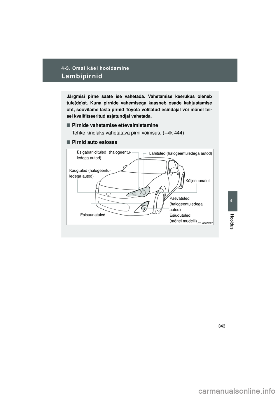 TOYOTA GT86 2015  Kasutusjuhend (in Estonian) 
343
4-3. Omal käel hooldamine
4
Hooldus
GT86_EE
Lambipirnid
Järgmisi pirne saate ise vahetada. Vahetamise keerukus oleneb
tule(de)st. Kuna pirnide vahemisega kaasneb osade kahjustamise
oht, soovita