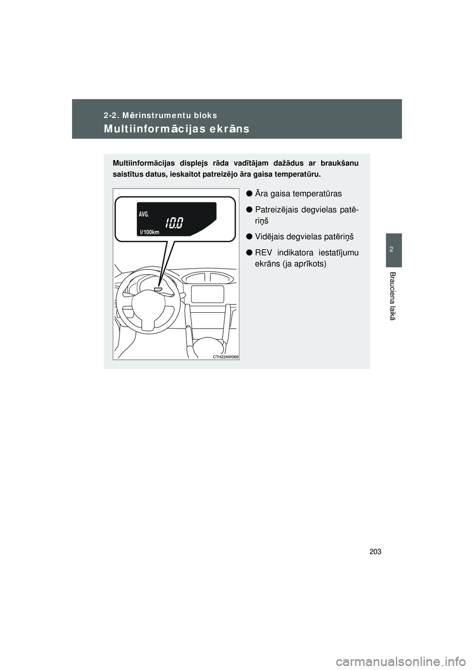 TOYOTA GT86 2015 Lietošanas Instrukcija (in Latvian)
203
2-2. Mērinstrumentu bloks
2
Brauciena laik ā
GT86_LV
Multiinformācijas ekr āns
Multiinform ācijas displejs r āda vad īt ā jam daž ādus ar braukšanu
saist ītus datus, ieskaitot patreiz TOYOTA GT86 2015 Lietošanas Instrukcija (in Latvian)
203
2-2. Mērinstrumentu bloks
2
Brauciena laik ā
GT86_LV
Multiinformācijas ekr āns
Multiinform ācijas displejs r āda vad īt ā jam daž ādus ar braukšanu
saist ītus datus, ieskaitot patreiz