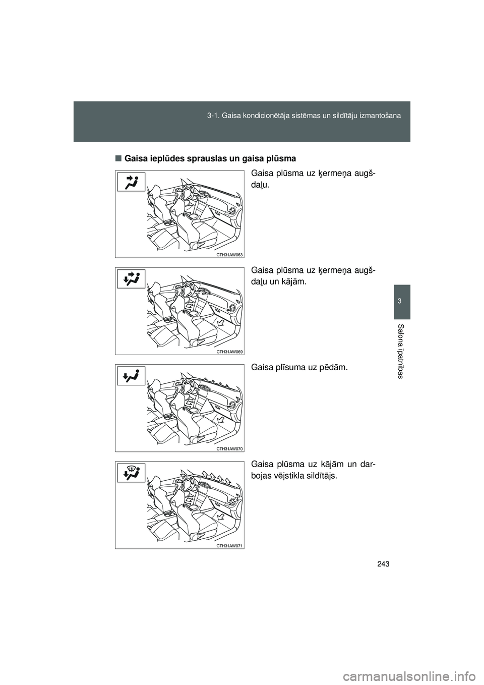 TOYOTA GT86 2015  Lietošanas Instrukcija (in Latvian) 
243
3-1. Gaisa kondicion
ētā ja sist ēmas un sild ītā ju izmantošana
3
Salona  īpatn ības
GT86_LV ■
Gaisa iepl ūdes sprauslas un gaisa pl ūsma
Gaisa pl ūsma uz  ķerme ņa augš-
da ļu.