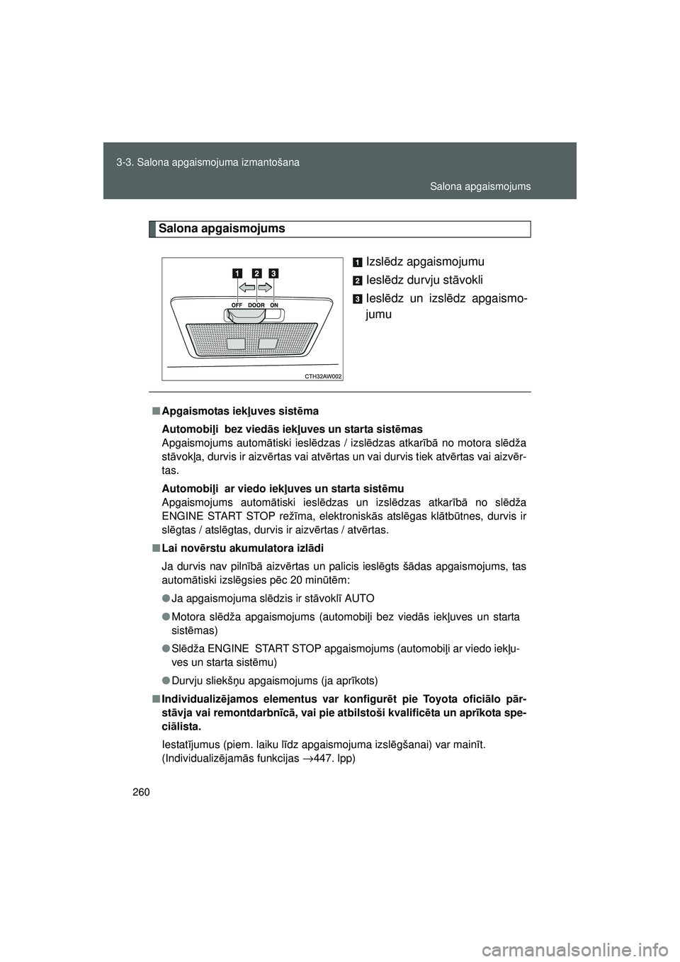 TOYOTA GT86 2015  Lietošanas Instrukcija (in Latvian) 
260
3-3. Salona apgaismojuma izmantošana
GT86_LV
Salona apgaismojums
Izslēdz apgaismojumu
Iesl ēdz durvju st āvokli
Iesl ēdz un izsl ēdz apgaismo-
jumu
■ Apgaismotas iek ļuves sist ēma
Auto