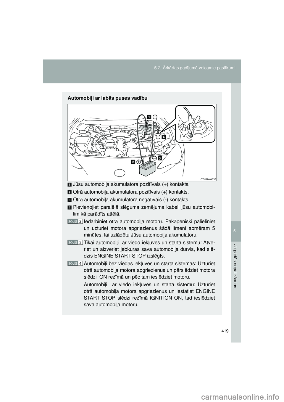 TOYOTA GT86 2015  Lietošanas Instrukcija (in Latvian) 
5
419
5-2. 
Ārk ārtas gad ījum ā veicamie pas ākumi
Ja gad ās nepatikšanas
GT86_LV
Automobi ļi ar lab ās puses vad ību
J ū su automobi ļa akumulatora pozit īvais (+) kontakts.
Otr ā aut