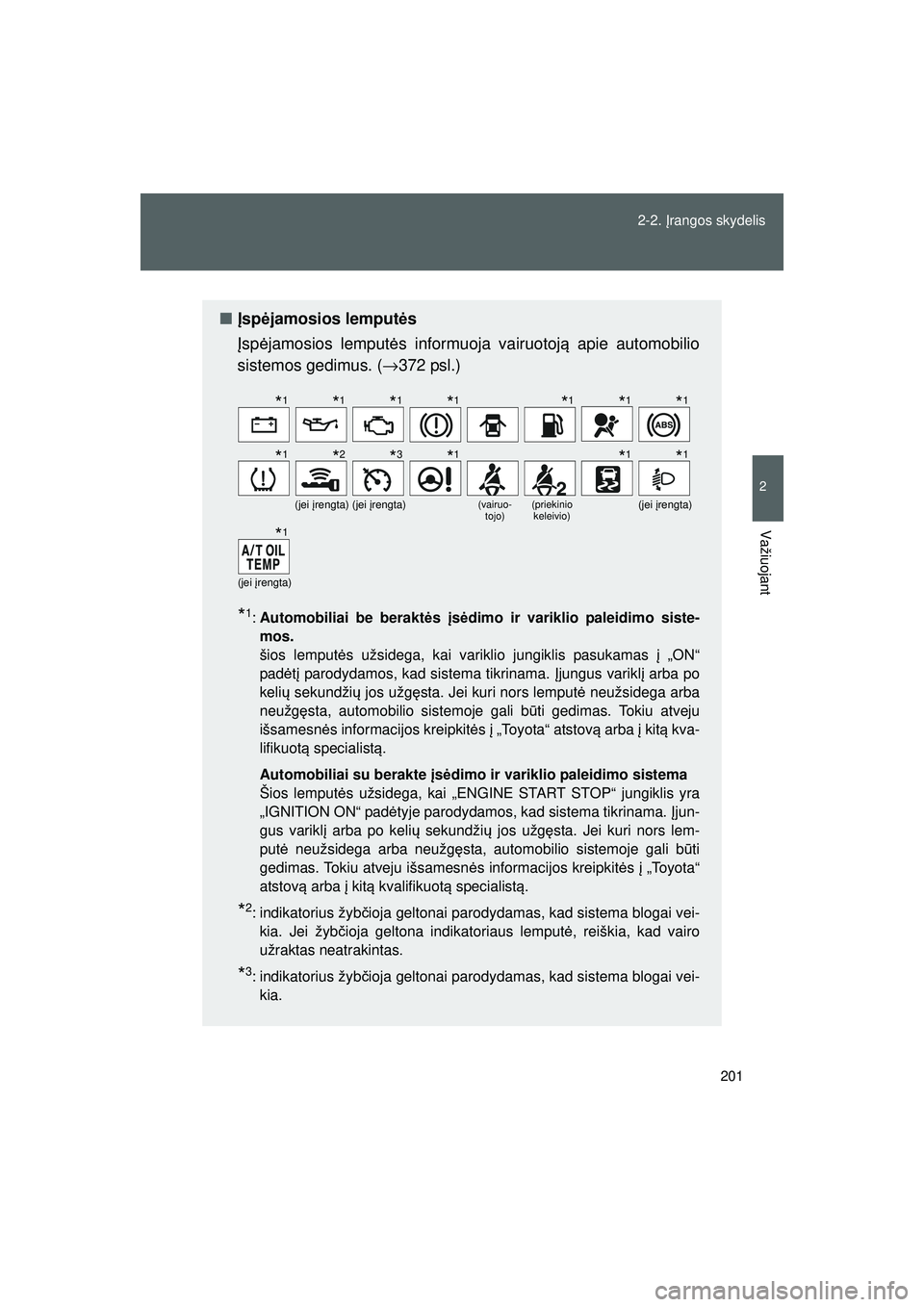 TOYOTA GT86 2015  Eksploatavimo vadovas (in Lithuanian) 
201
2-2. 
Įrangos skydelis
2
Važiuojant
GT86_LT
■ Įsp ėjamosios lemput ės
Į sp ėjamosios lemput ės informuoja vairuotoj ą apie automobilio
sistemos gedimus. ( →372 psl.)
*1:Automobiliai 
