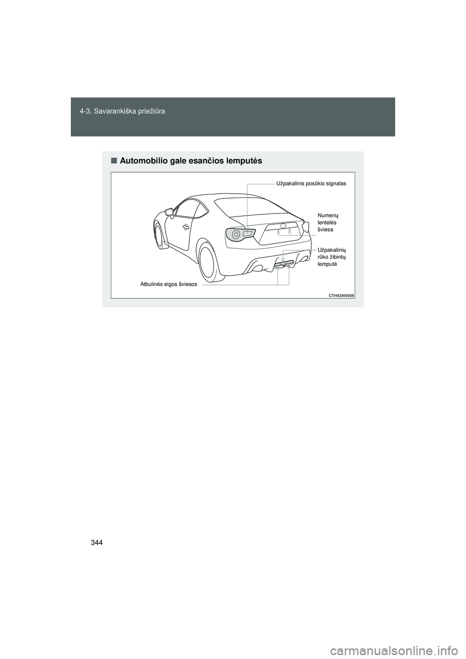TOYOTA GT86 2015 Eksploatavimo vadovas (in Lithuanian)
344
4-3. Savarankiška prieži
ūra
FT86_EE
■ Automobilio gale esan čios lemput ės
Užpakalinis pos ūkio signalas
Atbulin ės eigos šviesos Numeri
ų
lentel ės
šviesa
Užpakalini ų
r ū ko TOYOTA GT86 2015 Eksploatavimo vadovas (in Lithuanian)
344
4-3. Savarankiška prieži
ūra
FT86_EE
■ Automobilio gale esan čios lemput ės
Užpakalinis pos ūkio signalas
Atbulin ės eigos šviesos Numeri
ų
lentel ės
šviesa
Užpakalini ų
r ū ko