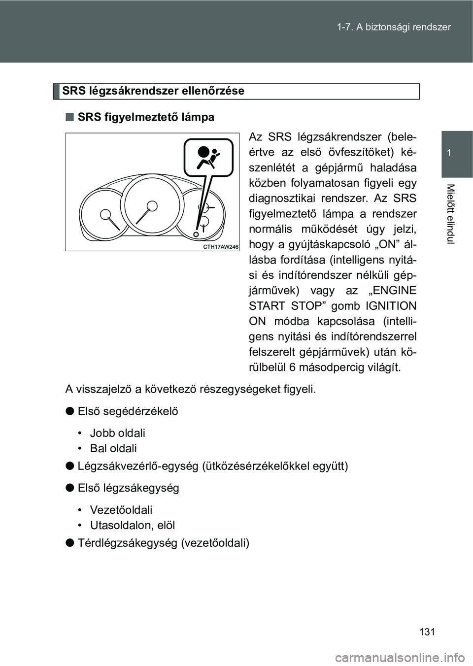 TOYOTA GT86 2016 Kezelési útmutató (in Hungarian) 131 1-7. A biztonsági rendszer
1
Mielőtt elindul
SRS légzsákrendszer ellenőrzése
SRS figyelmeztető lámpa
Az SRS légzsákrendszer (bele-
értve az első övfeszítőket) ké-
szenlétét a TOYOTA GT86 2016 Kezelési útmutató (in Hungarian) 131 1-7. A biztonsági rendszer
1
Mielőtt elindul
SRS légzsákrendszer ellenőrzése
SRS figyelmeztető lámpa
Az SRS légzsákrendszer (bele-
értve az első övfeszítőket) ké-
szenlétét a