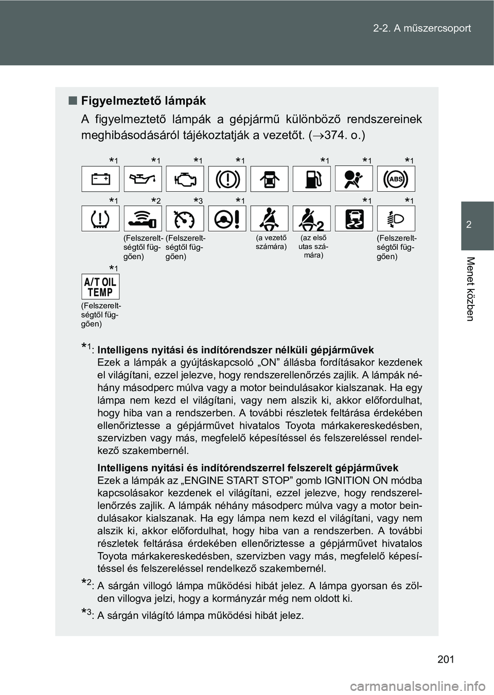 TOYOTA GT86 2016 Kezelési útmutató (in Hungarian) 201 2-2. A műszercsoport
2
Menet közben
Figyelmeztető lámpák
A figyelmeztető lámpák a gépjármű különböző rendszereinek
meghibásodásáról tájékoztatják a vezetőt. (374. o.)
TOYOTA GT86 2016 Kezelési útmutató (in Hungarian) 201 2-2. A műszercsoport
2
Menet közben
Figyelmeztető lámpák
A figyelmeztető lámpák a gépjármű különböző rendszereinek
meghibásodásáról tájékoztatják a vezetőt. (374. o.)