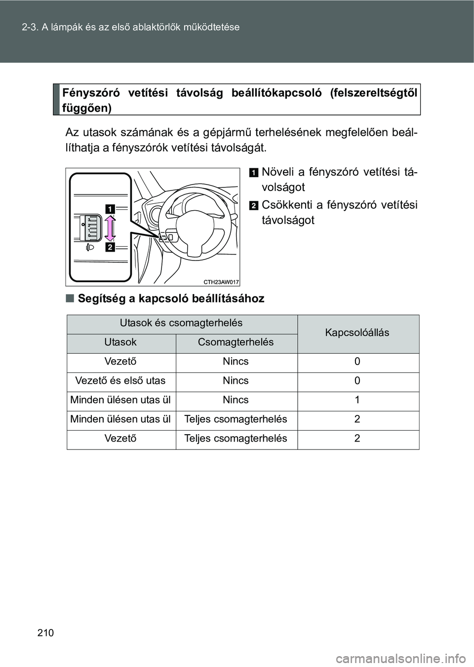 TOYOTA GT86 2016 Kezelési útmutató (in Hungarian) 210 2-3. A lámpák és az első ablaktörlők működtetése
Fényszóró vetítési távolság beállítókapcsoló (felszereltségtől
függően)
Az utasok számának és a gépjármű terhelésén TOYOTA GT86 2016 Kezelési útmutató (in Hungarian) 210 2-3. A lámpák és az első ablaktörlők működtetése
Fényszóró vetítési távolság beállítókapcsoló (felszereltségtől
függően)
Az utasok számának és a gépjármű terhelésén