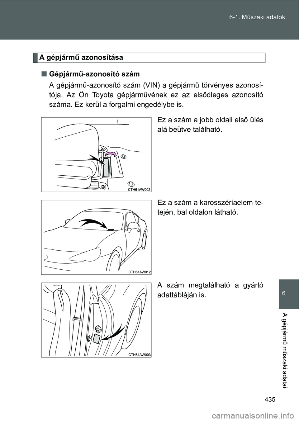 TOYOTA GT86 2016  Kezelési útmutató (in Hungarian) 435 6-1. Műszaki adatok
6
A gépjármű műszaki adatai
A gépjármű azonosítása
Gépjármű-azonosító szám
A gépjármű-azonosító szám (VIN) a gépjármű törvényes azonosí-
tója. A