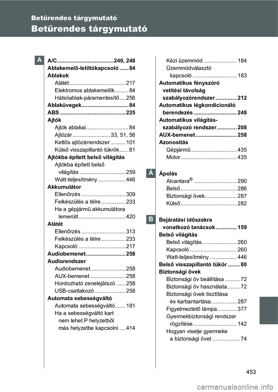 TOYOTA GT86 2016  Kezelési útmutató (in Hungarian) 453
Betűrendes tárgymutató
Betűrendes tárgymutató
A/C..................................... 240, 248
Ablakemelő-letiltókapcsoló ...... 84
Ablakok
Alátét .....................................