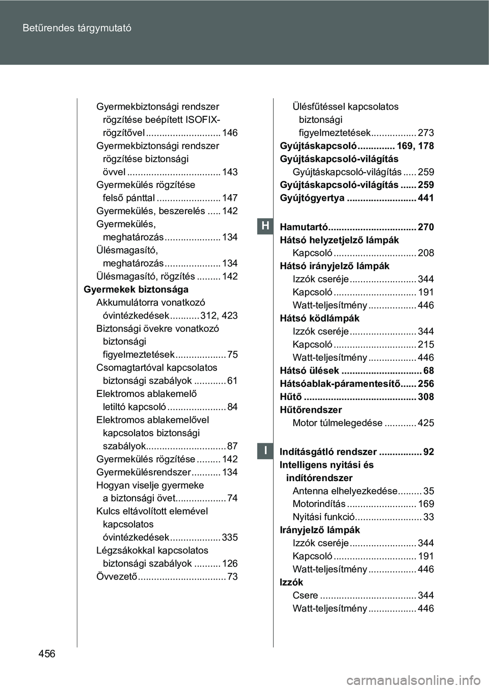 TOYOTA GT86 2016  Kezelési útmutató (in Hungarian) 456 Betűrendes tárgymutató
Gyermekbiztonsági rendszer 
rögzítése beépített ISOFIX-
rögzítővel ............................ 146
Gyermekbiztonsági rendszer 
rögzítése biztonsági 
övvel