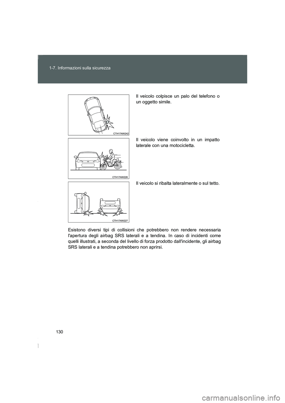 TOYOTA GT86 2016 Manuale duso (in Italian) 130 1-7. Informazioni sulla sicurezza
FT86_EL
Esistono diversi tipi di collisioni che potrebbero non rendere necessaria
lapertura degli airbag SRS laterali e a tendina. In caso di incidenti come
quel TOYOTA GT86 2016 Manuale duso (in Italian) 130 1-7. Informazioni sulla sicurezza
FT86_EL
Esistono diversi tipi di collisioni che potrebbero non rendere necessaria
lapertura degli airbag SRS laterali e a tendina. In caso di incidenti come
quel
