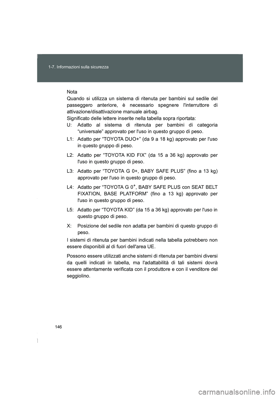 TOYOTA GT86 2016 Manuale duso (in Italian) 146 1-7. Informazioni sulla sicurezza
FT86_ELNota
Quando si utilizza un sistema di ritenuta per bambini sul sedile del
passeggero anteriore, è necessario spegnere linterruttore di
attivazione/disatt TOYOTA GT86 2016 Manuale duso (in Italian) 146 1-7. Informazioni sulla sicurezza
FT86_ELNota
Quando si utilizza un sistema di ritenuta per bambini sul sedile del
passeggero anteriore, è necessario spegnere linterruttore di
attivazione/disatt