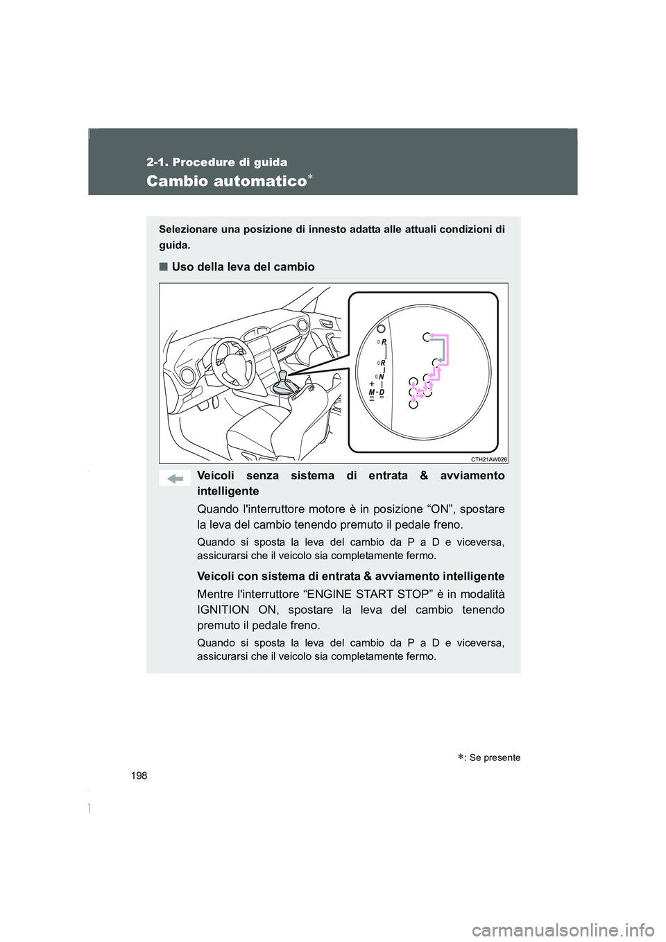 TOYOTA GT86 2016 Manuale duso (in Italian) 198
2-1. Procedure di guida
FT86_EL
Cambio automatico∗
Selezionare una posizione di innesto adatta alle attuali condizioni di
guida.
■Uso della leva del cambio
Veicoli senza sistema di entrata & a TOYOTA GT86 2016 Manuale duso (in Italian) 198
2-1. Procedure di guida
FT86_EL
Cambio automatico∗
Selezionare una posizione di innesto adatta alle attuali condizioni di
guida.
■Uso della leva del cambio
Veicoli senza sistema di entrata & a