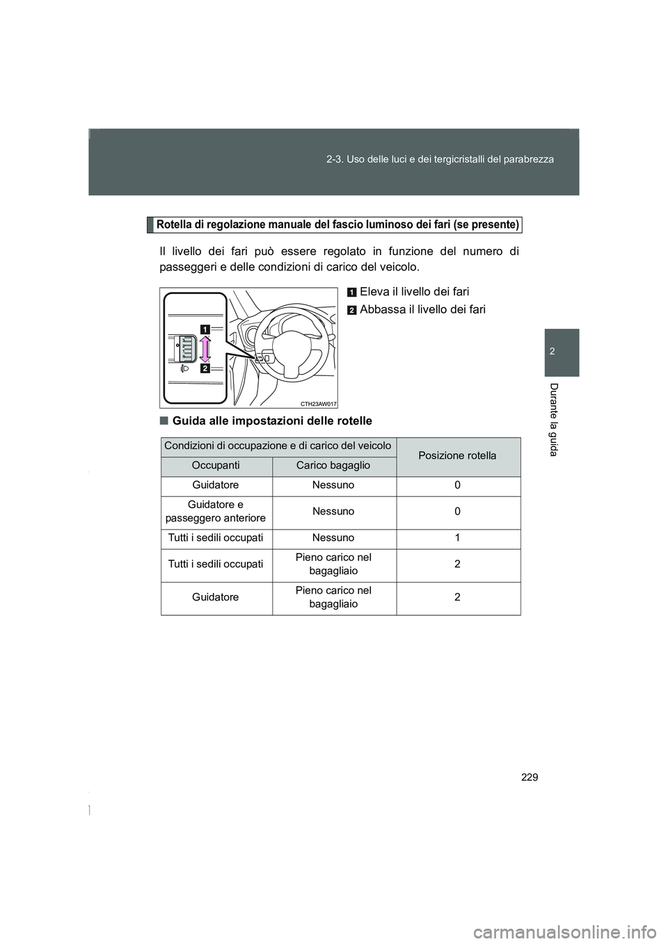 TOYOTA GT86 2016 Manuale duso (in Italian) 229 2-3. Uso delle luci e dei tergicristalli del parabrezza
2
Durante la guida
FT86_EL
Rotella di regolazione manuale del fascio luminoso dei fari (se presente)
Il livello dei fari può essere regolat TOYOTA GT86 2016 Manuale duso (in Italian) 229 2-3. Uso delle luci e dei tergicristalli del parabrezza
2
Durante la guida
FT86_EL
Rotella di regolazione manuale del fascio luminoso dei fari (se presente)
Il livello dei fari può essere regolat