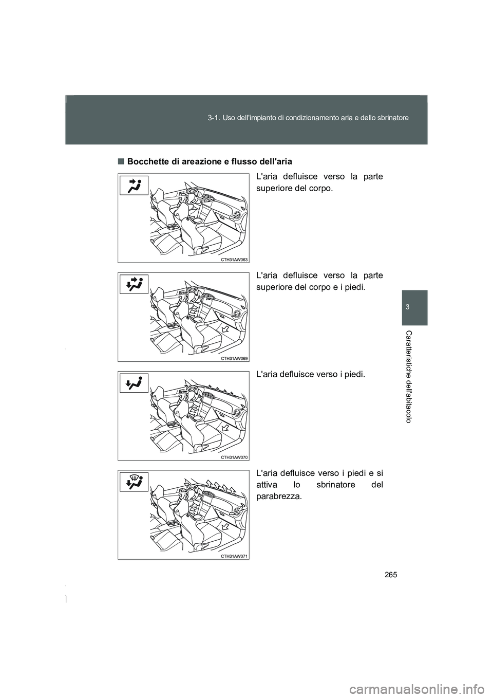 TOYOTA GT86 2016 Manuale duso (in Italian) 265 3-1.
Uso dellimpianto di condizionamento aria e dello sbrinatore
3
Caratteristiche dellabitacolo
FT86_EL■Bocchette di areazione e flusso dellaria
Laria defluisce verso la parte
superiore de TOYOTA GT86 2016 Manuale duso (in Italian) 265 3-1.
Uso dellimpianto di condizionamento aria e dello sbrinatore
3
Caratteristiche dellabitacolo
FT86_EL■Bocchette di areazione e flusso dellaria
Laria defluisce verso la parte
superiore de
