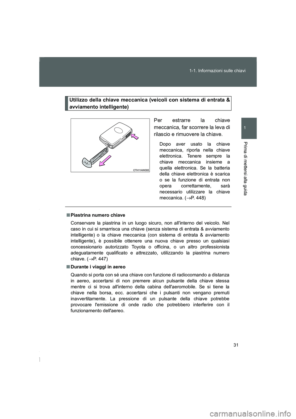 TOYOTA GT86 2016  Manuale duso (in Italian) 31 1-1. Informazioni sulle chiavi
1
Prima di mettersi alla guida
FT86_EL
Utilizzo della chiave meccanica (veicoli con sistema di entrata &
avviamento intelligente)
Per estrarre la chiave
meccanica, fa