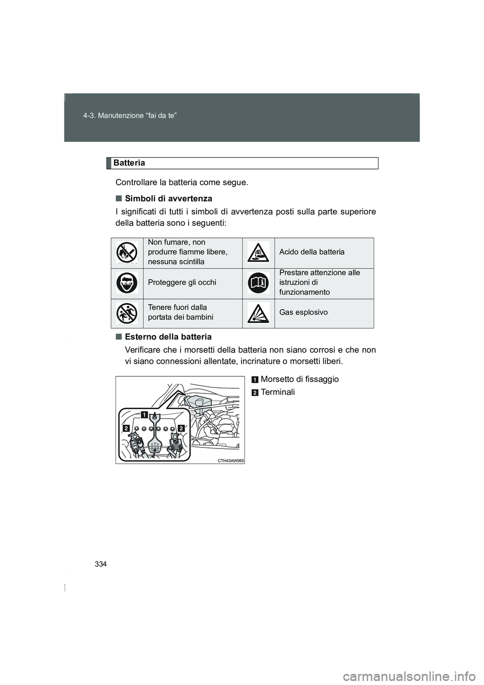 TOYOTA GT86 2016 Manuale duso (in Italian) 334 4-3. Manutenzione “fai da te”
FT86_EL
Batteria
Controllare la batteria come segue.
■Simboli di avvertenza
I significati di tutti i simboli di avvertenza posti sulla parte superiore
della bat TOYOTA GT86 2016 Manuale duso (in Italian) 334 4-3. Manutenzione “fai da te”
FT86_EL
Batteria
Controllare la batteria come segue.
■Simboli di avvertenza
I significati di tutti i simboli di avvertenza posti sulla parte superiore
della bat