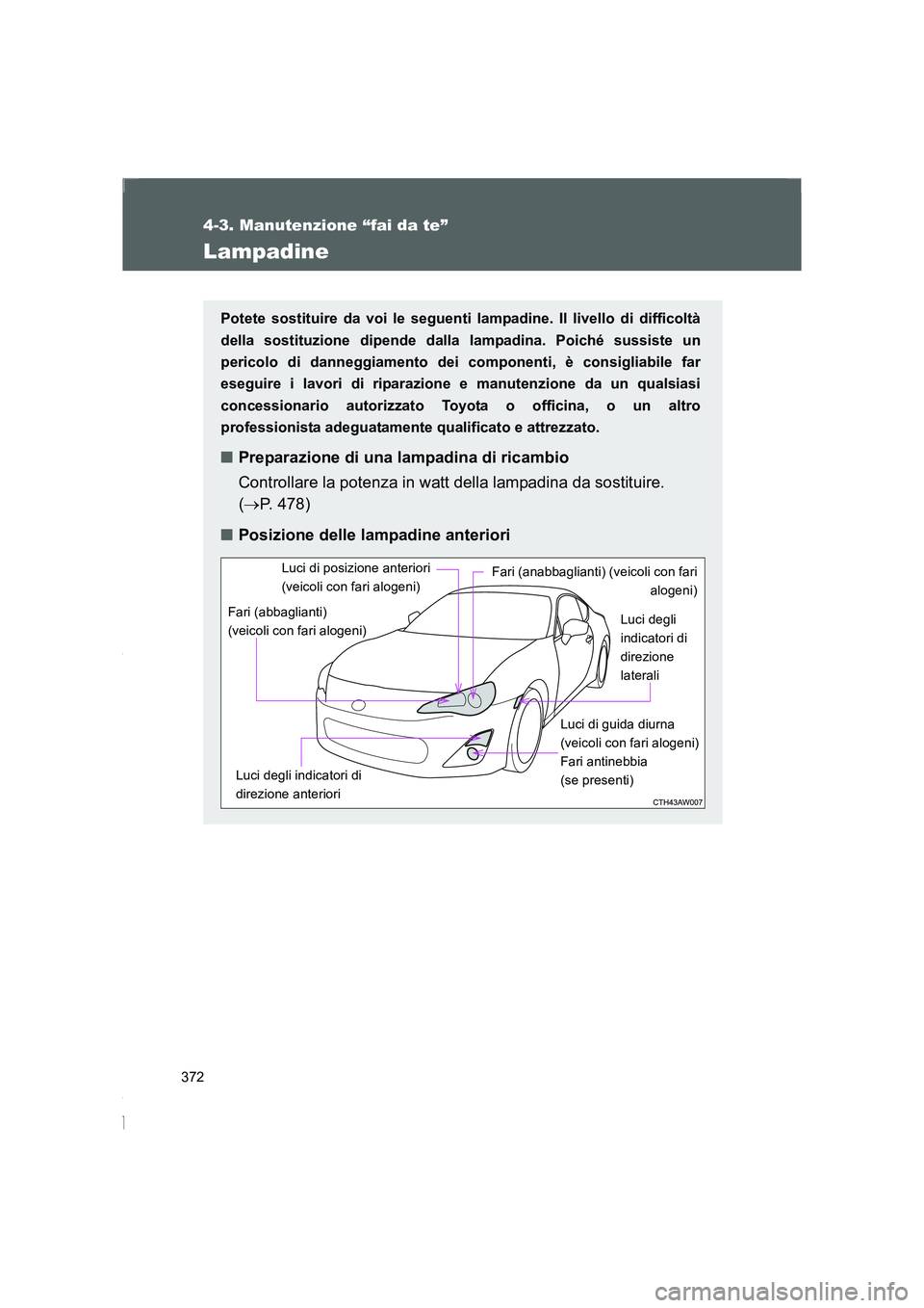 TOYOTA GT86 2016  Manuale duso (in Italian) 372
4-3. Manutenzione “fai da te”
FT86_EL
Lampadine
Potete sostituire da voi le seguenti lampadine. Il livello di difficoltà
della sostituzione dipende dalla lampadina. Poiché sussiste un
perico