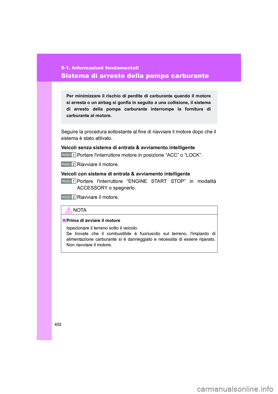 TOYOTA GT86 2016 Manuale duso (in Italian) 402
5-1. Informazioni fondamentali
FT86_EL
Sistema di arresto della pompa carburante
Seguire la procedura sottostante al fine di riavviare il motore dopo che il
sistema è stato attivato.
Veicoli senz TOYOTA GT86 2016 Manuale duso (in Italian) 402
5-1. Informazioni fondamentali
FT86_EL
Sistema di arresto della pompa carburante
Seguire la procedura sottostante al fine di riavviare il motore dopo che il
sistema è stato attivato.
Veicoli senz
