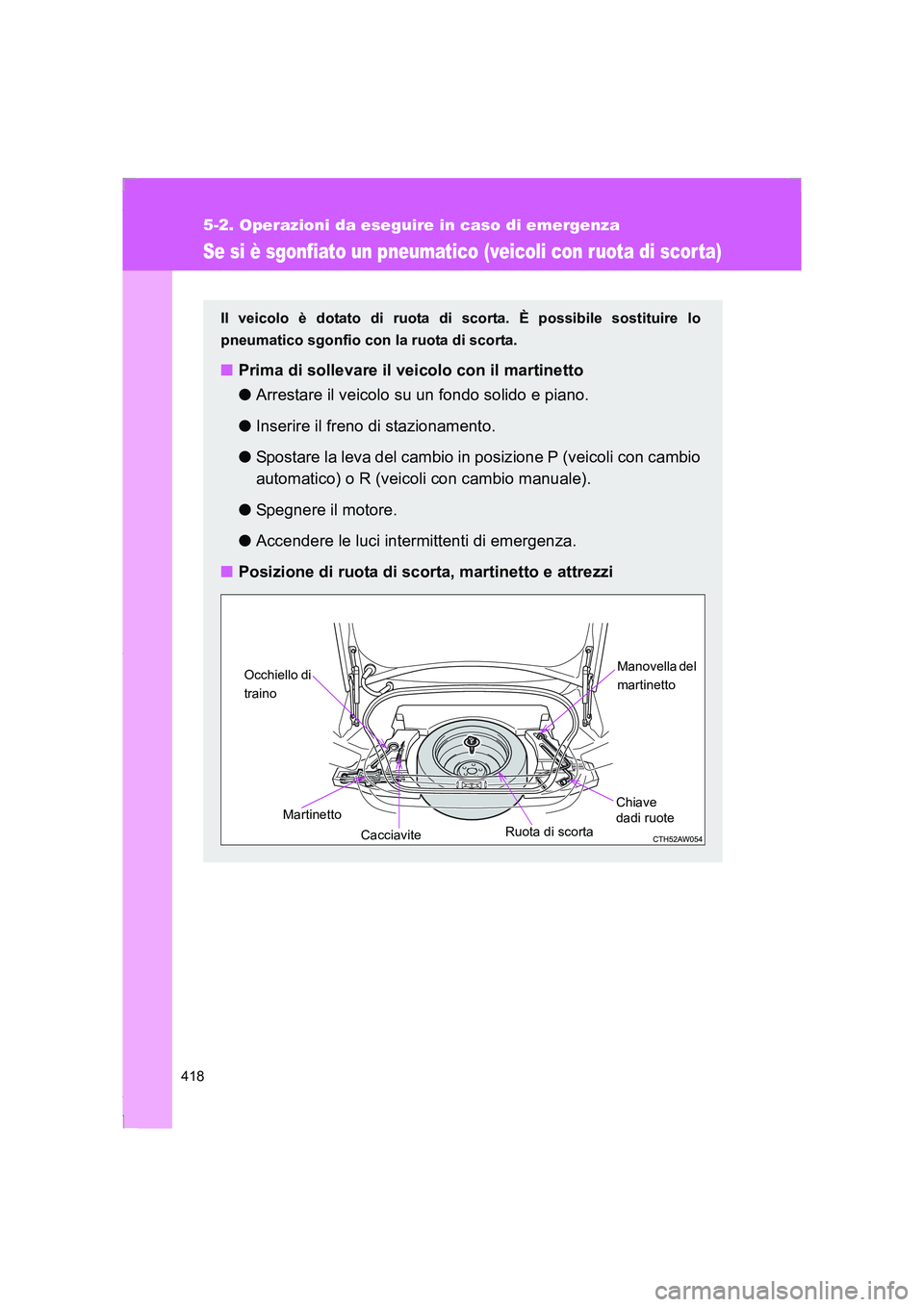 TOYOTA GT86 2016 Manuale duso (in Italian) 418
5-2. Operazioni da eseguire in caso di emergenza
FT86_EL
Se si è sgonfiato un pneumatico (veicoli con ruota di scor ta)
Il veicolo è dotato di ruota di scorta. È possibile sostituire lo
pneumat TOYOTA GT86 2016 Manuale duso (in Italian) 418
5-2. Operazioni da eseguire in caso di emergenza
FT86_EL
Se si è sgonfiato un pneumatico (veicoli con ruota di scor ta)
Il veicolo è dotato di ruota di scorta. È possibile sostituire lo
pneumat