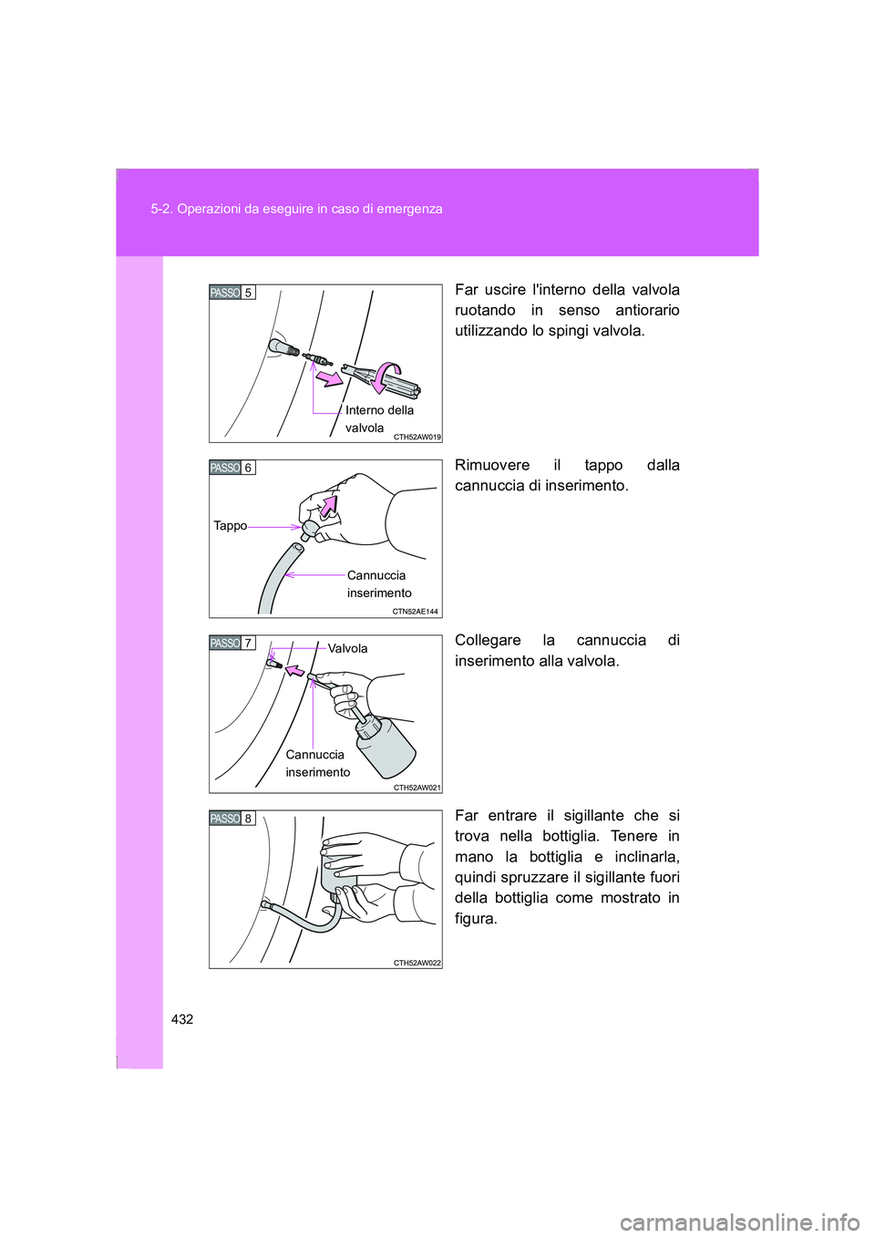 TOYOTA GT86 2016 Manuale duso (in Italian) 432 5-2. Operazioni da eseguire in caso di emergenza
FT86_ELFar uscire linterno della valvola
ruotando in senso antiorario
utilizzando lo spingi valvola.
Rimuovere il tappo dalla
cannuccia di inserim TOYOTA GT86 2016 Manuale duso (in Italian) 432 5-2. Operazioni da eseguire in caso di emergenza
FT86_ELFar uscire linterno della valvola
ruotando in senso antiorario
utilizzando lo spingi valvola.
Rimuovere il tappo dalla
cannuccia di inserim